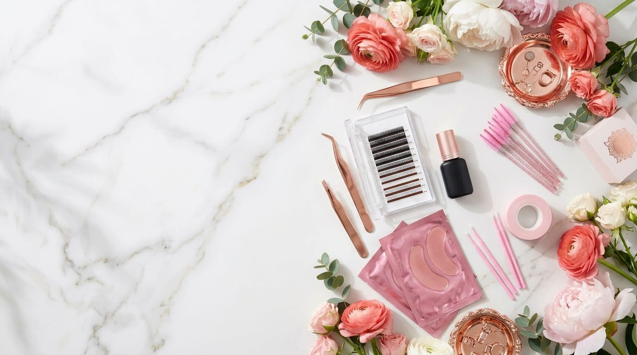 Pinças rosé-gold, paleta de cílios e flores sobre a bancada de mármore